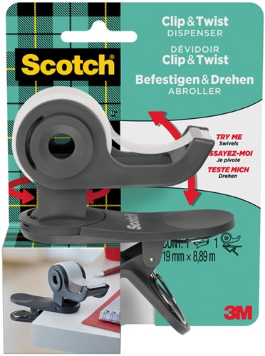 Plakbandhouder Scotch Clip C19 donkergrijs + 1 rol magic tape 19mmx8.89m