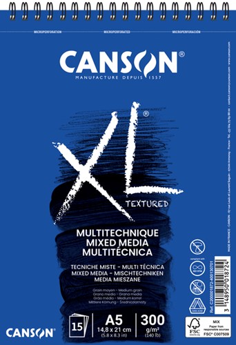 Mixed mediapapier Canson XL Textured Mixed Media 15vel 300gr A5 wit