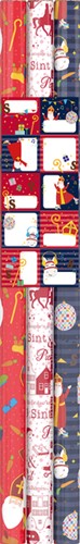 Inpakpapier Sint 200x70cm set à 3 rollen + stickervel met 10 etiketten assorti-3