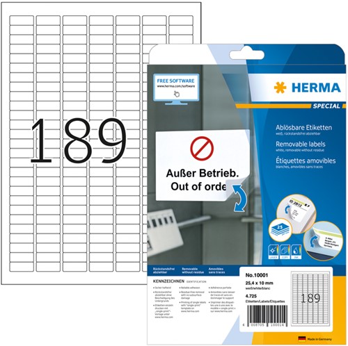 Etiket HERMA 10001 A4 25.4x10mm verwijderbaar wit 4725 stuks