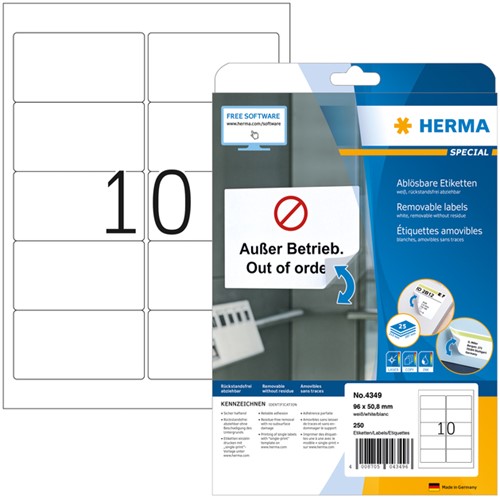 Etiket HERMA 4349 A4 96x50.8mm verwijderbaar wit 250 stuks