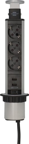 Stekkerdoos Brennenstuhl toren 3vdig incl 2 USB 2 meter zwart/zilver