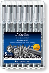 Fineliner Staedtler Pigment 308 zwart 8 stuks