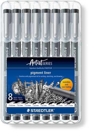 Fineliner Staedtler Pigment 308 zwart 8 stuks