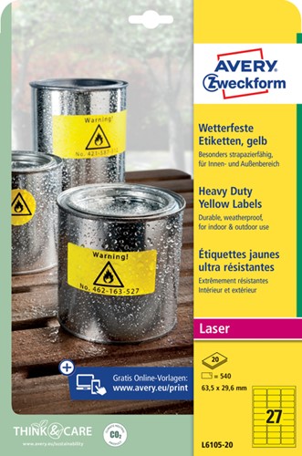 Etiket Avery L6105-20 63.5x29.6mm geel 540 stuks