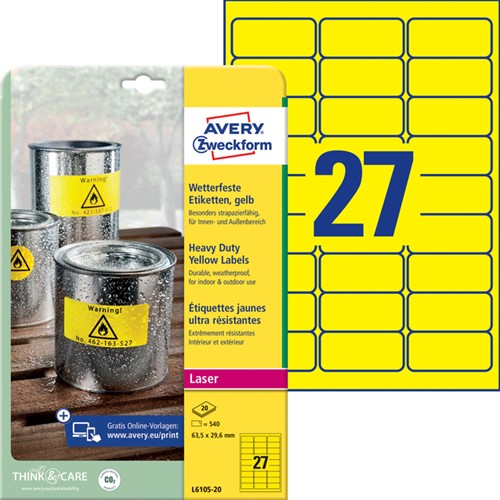 Etiket Avery L6105-20 63.5x29.6mm geel 540 stuks-3