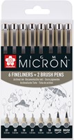 Fineliner Sakura Pigma Micron set à 6 schrijfbreedtes met twee brushpennen koudgrijs