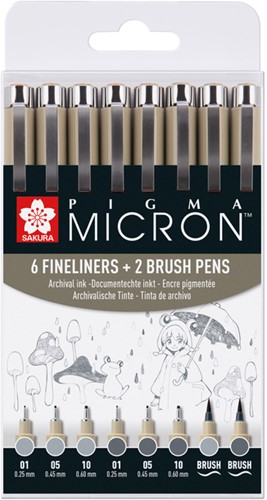 Fineliner Sakura Pigma Micron set à 6 schrijfbreedtes met twee brushpennen koudgrijs