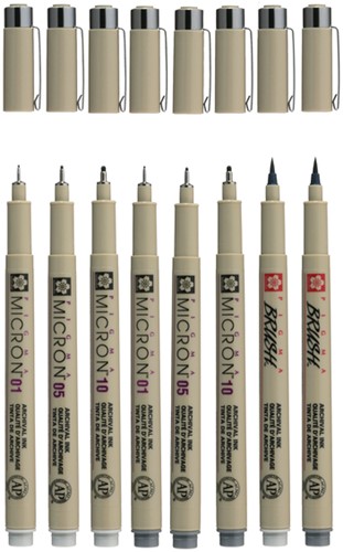 Fineliner Sakura Pigma Micron set à 6 schrijfbreedtes met twee brushpennen koudgrijs-3