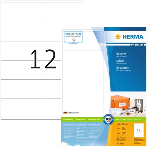 Etiket HERMA 4635 105x48mm premium wit 2400 etiketten