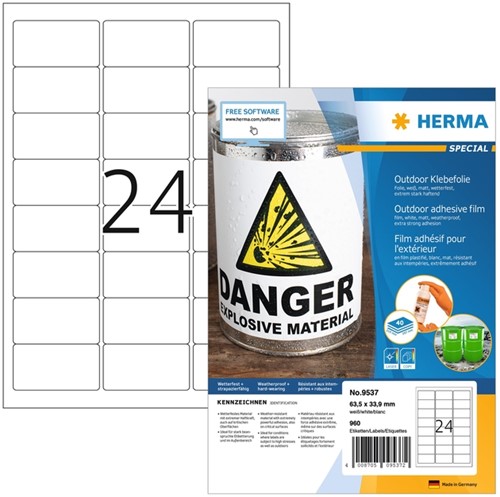 Etiket HERMA 9537 63.5x33.9mm weerbestendig wit 960 stuks
