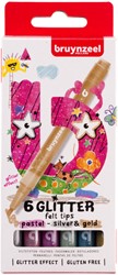 Viltstift Bruynzeel Kids pastel zilver goud set à 6 glitterkleuren