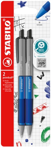 Balpen STABILO pointball colorful medium blauw blister à 2 stuks