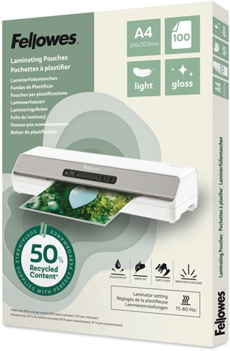 Lamineerhoes Fellowes A4 light 50% gerecycled glans 100stuks