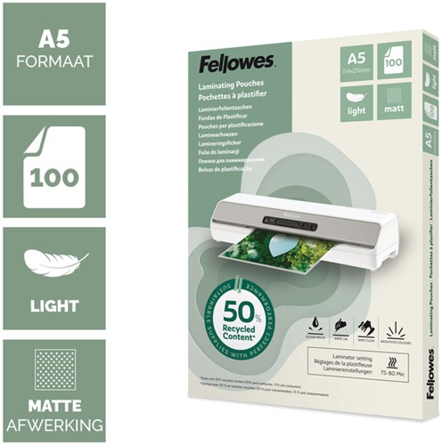 Lamineerhoes Fellowes A5 light 50% gerecycled mat 100stuks-2