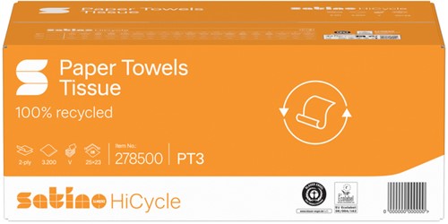 Handdoek Satino PT3 HiCycle v-vouw 2-laags 250x230mm 20x160 vel wit 278500-2