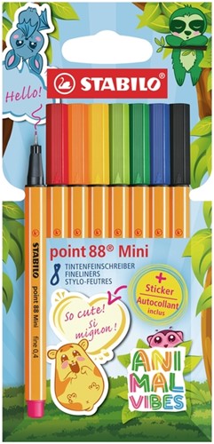 Fineliner STABILO point 88 Animal Vibes mini fijn assorti blister à 8 stuks
