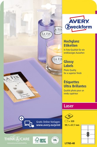 Etiket Avery L7765-40 99.1x 67.7mm hoogglans wit 320 stuks