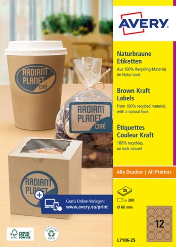Etiket Avery L7106-25 60mm kraft 300 stuks