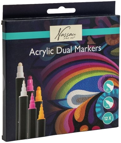 Acrylmarker Nassau Dual tip set à 12 kleuren