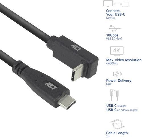 Kabel ACT USB-C standaard naar USB-C hoek boven/beneden 10Gbps 2m-2