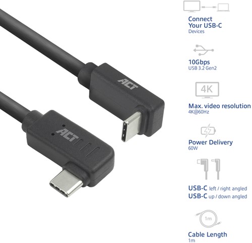 Kabel ACT USB-C hoek links/rechts USB-C hoek boven/beneden 10Gbps 1m-2