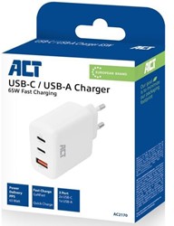 Oplader ACT 65W 3-poorts USB-C USB-A PD QC Ganfast