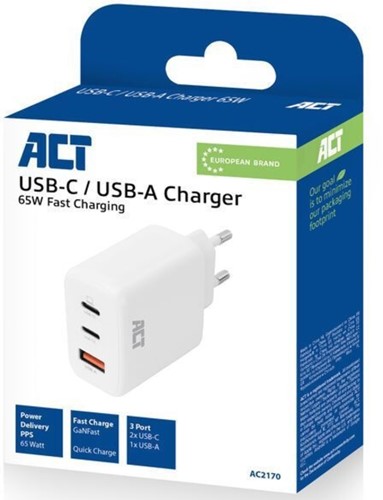 Oplader ACT 65W 3-poorts USB-C USB-A PD QC Ganfast