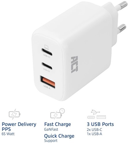 Oplader ACT 65W 3-poorts USB-C USB-A PD QC Ganfast-3