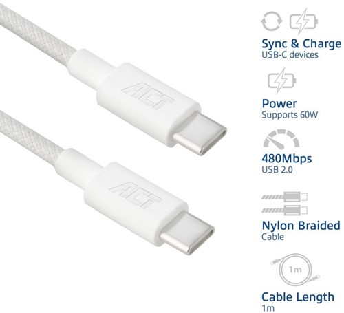 Kabel ACT 2.0 USB-C 60W 1 meter wit-3