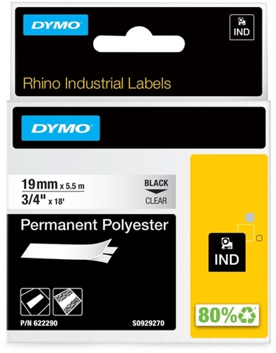Labeltape Dymo Rhino industrieel polyester 19mm zwart op transparant