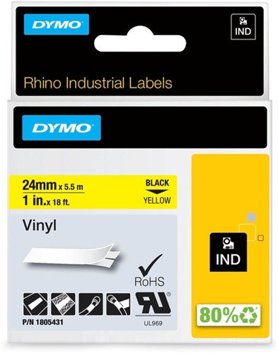 Labeltape Dymo Rhino industrieel vinyl 24mm zwart op geel