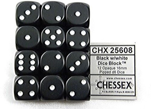 Dobbelsteen Chessex Black/white D6 16mm set à 12 stuks