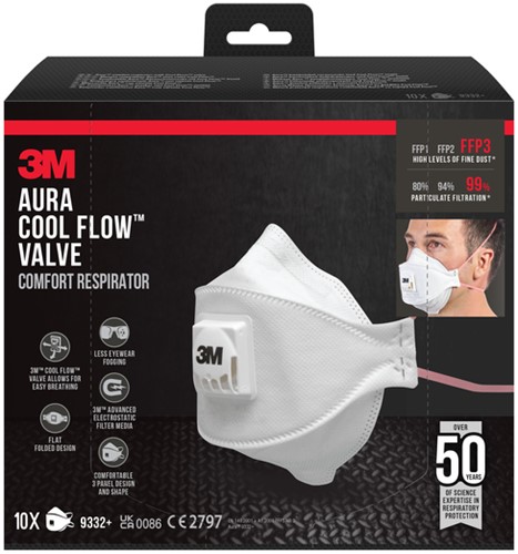 Stofmasker 3M Aura Comfort Cool Flow 9332 FFP3 met ventiel 10 stuks