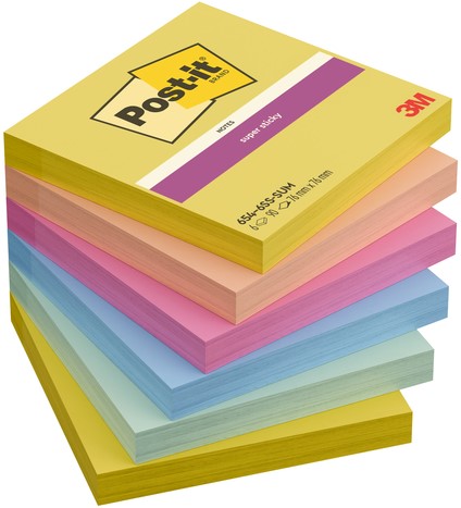 Memoblok Post-it 654 Super Sticky 76x76mm Summer Sorbet 6 stuks