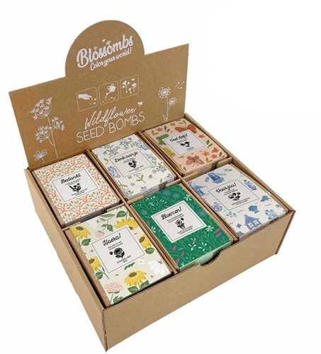 Giftbox Blossombs kruiden-bloemen assorti display à 24 zaadbommetjes