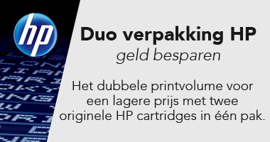 Een banner van HP duo verpakking toners. Het dubbele printvolume voor een algere prijs met twee originele HP cartridges in één pak, originele supplies voor een optimaal resultaat met een HP printer, meer afdrukken, meer waar voor uw geld. 