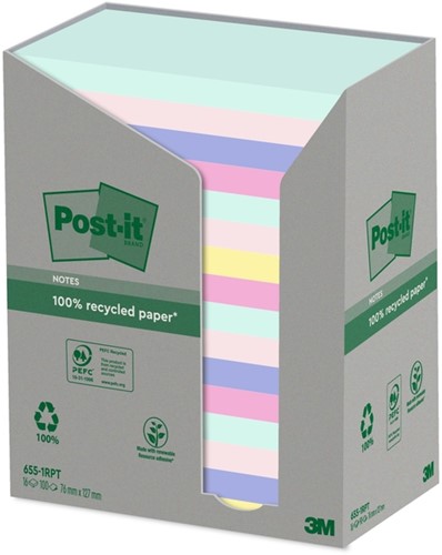 Memoblok Post-it 655-RPT 76x127mm recycled rainbow pastel 16 stuks