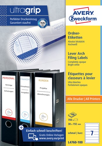 Rugetiket Avery smal 38x192mm zelfklevend wit 100 vel