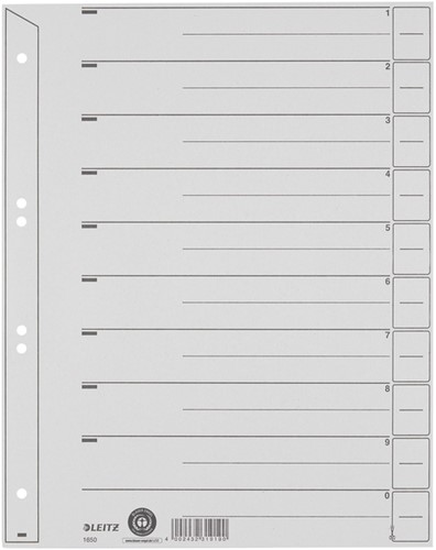 Scheidingsbladen Leitz A4 karton 200gr 6-gaats grijs 100 stuks