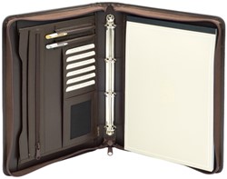 Schrijfmap van der Spek A4 4R 25mm O-mech met rits leer met nerf bruin