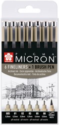 Fineliner Sakura Pigma Micron set à 6 schrijfbreedtes met brushpen zwart