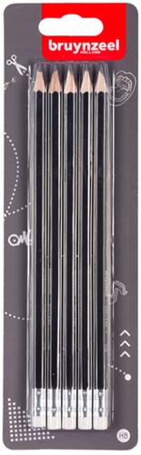 Grafietpotlood Bruynzeel Teens HB met gum blister à 5 stuks grijs