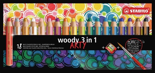 Kleurpotloden STABILO 880 woody 3 in 1 Arty + slijper+penseel ass 18st