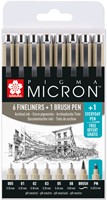 Fineliner Sakura Pigma Micron set à 6 schrijfbreedtes met brushpen en PN zwart