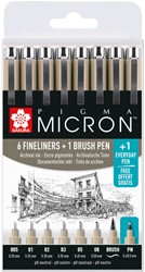Fineliner Sakura Pigma Micron set à 6 schrijfbreedtes met brushpen en PN zwart