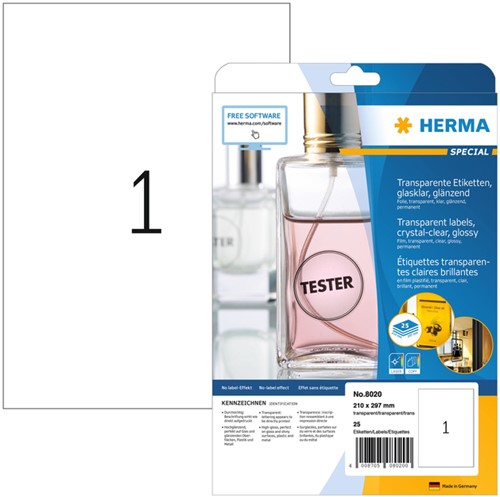 Etiket HERMA 8020 210x297mm transparant 25 stuks