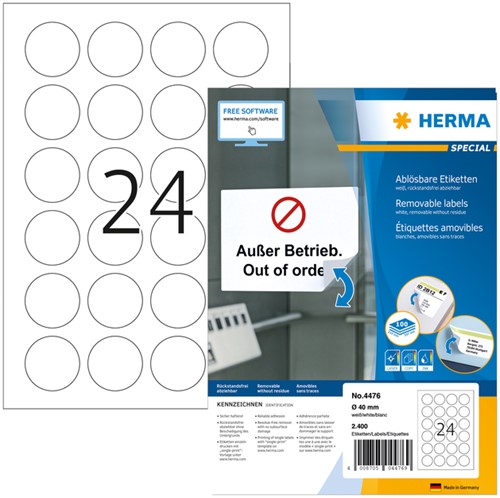 Etiket HERMA 4476 40mm verwijderbaar wit 2400 stuks