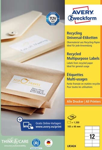 Etiket Avery LR3424 105x48mm recycled wit 1200 stuks