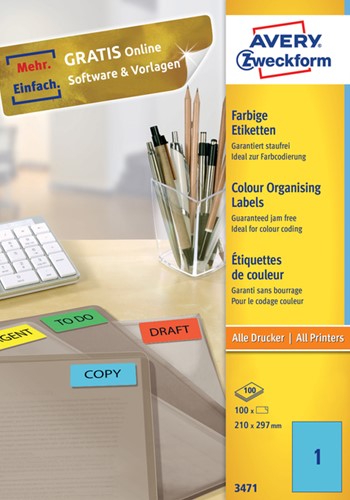 Etiket Avery 3471 210x297mm A4 blauw 100 stuks